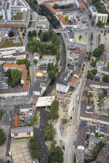 Aerial view, construction site and new construction of the flood-damaged market bridge over the river Volme in the district of Mittelstadt in Hagen, Ruhr area, North Rhine-Westphalia, Germany, construction work, construction area, construction site, construction measure, construction site, bridge, DE, Europe, flood disaster, Hagen, flood disaster, aerial photograph, aerial photography, aerial photography, overview, bird's-eye view, overview, flooding, flooding, flood area