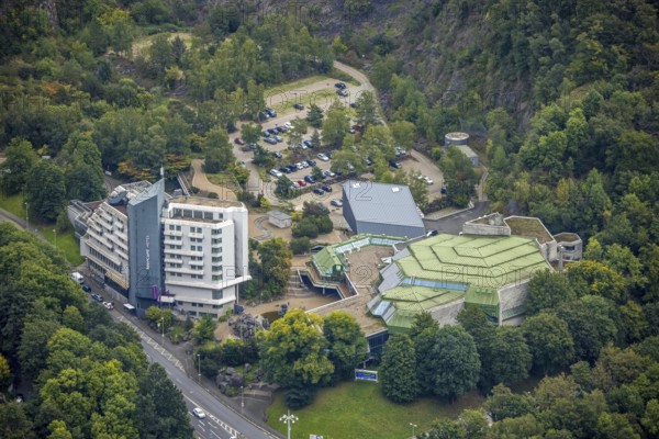 Aerial view, congress and event park civic hall Hagen with the Mercure Hotel in the district Mittelstadt in Hagen, Ruhr area, North Rhine-Westphalia, Germany, DE, Europe, gastronomy, Hagen, hotel, hotel facilities, hotel business, culture, art, aerial photography, aerial photography, aerial photography, exhibition centre, overview, events, venue, event location, bird's eye view, bird's eye view, cultural use, overview