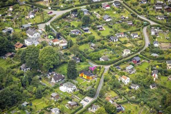 Aerial view, allotment garden association Goldberg in the district Eilpe in Hagen, Ruhr area, North Rhine-Westphalia, Germany, DE, Europe, community garden, Hagen, KGV, allotment garden, allotment garden site, allotment garden association, aerial view, aerial photography, aerial photography, allotment garden, overview, bird's-eye view, overview