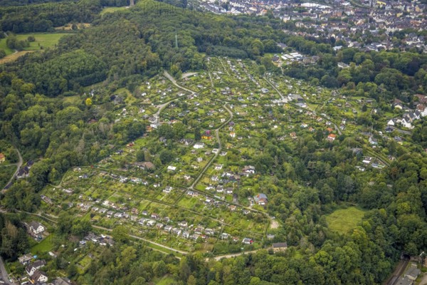 Aerial view, allotment garden association Goldberg in the district Eilpe in Hagen, Ruhr area, North Rhine-Westphalia, Germany, DE, Europe, community garden, Hagen, KGV, allotment garden, allotment garden site, allotment garden association, aerial view, aerial photography, aerial photography, allotment garden, overview, bird's-eye view, overview