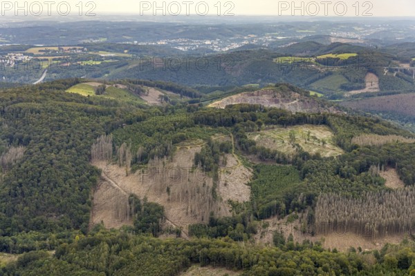 Aerial view, forest damage at Rafflenbeuler Kopf at the village Zurstraße in the district Eilpe in Hagen, Ruhr area, North Rhine-Westphalia, Germany, tree dieback, bark beetle damage, bark beetle plague, DE, Europe, spruce dieback, Hagen, hilly landscape, clear-cutting, aerial view, aerial photography, aerial photography, overview, bird's eye view, forest, forest area, forest damage, forest dieback, birds-eyes view, overview