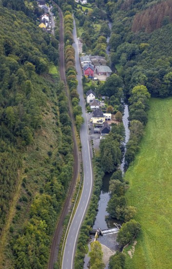 Aerial view, river Volme with weir at the Rummenohler Straße in the district Rummenohl in Hagen, Ruhr area, North Rhine-Westphalia, Germany, DE, Europe, Hagen, aerial view, aerial photography, aerial photography, overview, bird's-eye view, overview
