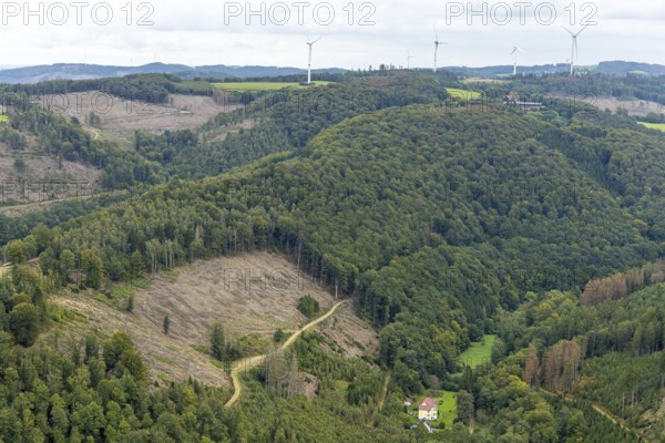 Aerial photo, forest damage and wind turbines in the Rummenohl district of Hagen, Ruhr area, North Rhine-Westphalia, Germany, tree dieback, bark beetle damage, bark beetle plague, DE, Europe, spruce dieback, Hagen, clear-cutting, aerial photo, aerial photography, aerial photography, overview, bird's-eye view, wind turbines, forest, forest damage, forest dieback, wind energy, wind turbine, wind power, wind turbine, wind turbines, birds-eyes view, overview