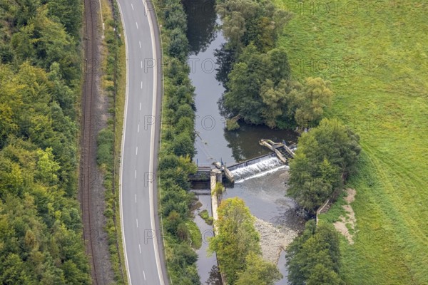 Aerial view, river Volme with weir in the district Rummenohl in Hagen, Ruhr area, North Rhine-Westphalia, Germany, DE, Europe, Hagen, aerial view, aerial photography, aerial photography, overview, bird's-eye view, overview