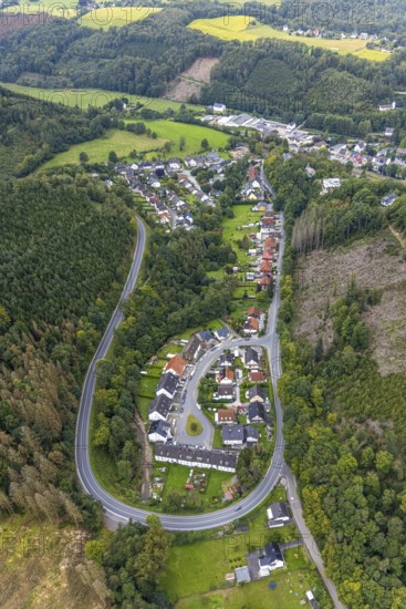 Aerial view, housing estate Heedfelder Straße and Am Sterbecker Bach in the Rummenohl district of Hagen, Ruhr area, North Rhine-Westphalia, Germany, tree death, bark beetle damage, bark beetle plague, DE, Europe, property tax, Hagen, real estate, clear-cutting, aerial view, aerial photography, aerial photography, overview, bird's-eye view, forest damage, forest damage, forest dieback, residential area, housing and living, residential area, residential buildings, residential quality, residential neighbourhood, housing estate, birds-eyes view, overview
