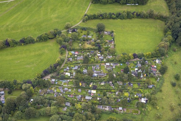 Aerial view, allotment garden association in Eilper Park in the Eilpe district of Hagen, Ruhr area, North Rhine-Westphalia, Germany, DE, Europe, community garden, Hagen, allotment garden, allotment garden site, allotment garden association, allotment gardener association, aerial view, aerial photography, aerial photography, allotment garden, overview, bird's-eye view, overview