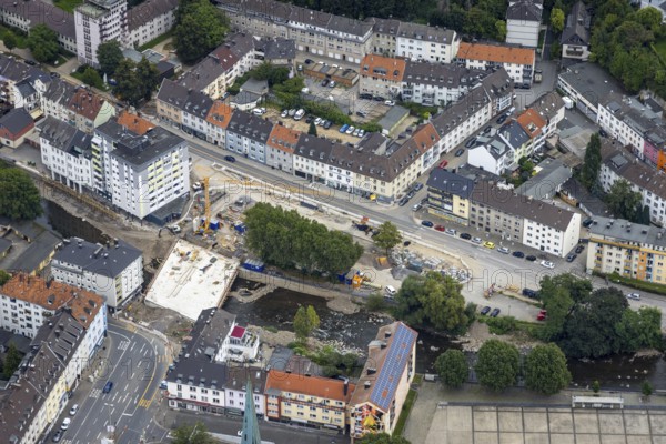 Aerial view, construction site and new construction of the flood-damaged market bridge over the river Volme in the district of Mittelstadt in Hagen, Ruhr area, North Rhine-Westphalia, Germany, construction work, construction area, construction site, construction measure, construction site, bridge, DE, Europe, flood disaster, Hagen, flood disaster, aerial photograph, aerial photography, aerial photography, overview, bird's-eye view, overview, flooding, flooding, flood area
