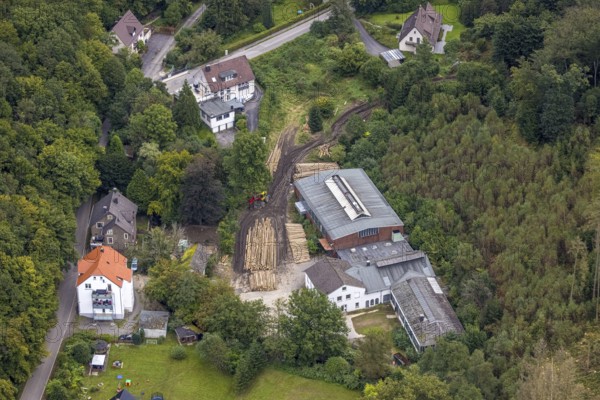Aerial view, forest damage on Rölveder Straße and timber operation in the Rummenohl district in Hagen, Ruhr area, North Rhine-Westphalia, Germany, DE, Europe, Hagen, aerial view, aerial photography, aerial photography, overview, bird's-eye view, overview