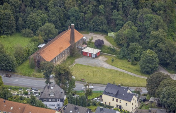 Aerial view, machine hall of the Harkort factory in the Haspe-West district of Hagen, Ruhr area, North Rhine-Westphalia, Germany, DE, Europe, Hagen, aerial view, aerial photography, aerial photography, overview, bird's-eye view, overview