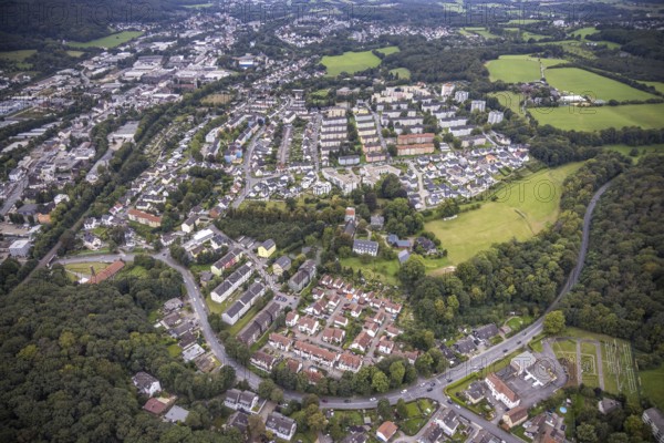 Aerial view, view of housing estates on Grundschötteler Straße in the Haspe-West district of Hagen, Ruhr area, North Rhine-Westphalia, Germany, DE, Europe, Hagen, aerial view, aerial photography, aerial photography, overview, bird's-eye view, overview