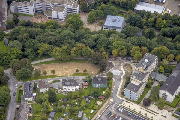 Aerial view, construction site at the former Büddinghardt car park at the Protestant hospital in the Haspe-West district of Hagen, Ruhr area, North Rhine-Westphalia, Germany, construction work, construction area, building site, building plots, construction project, construction site, DE, Europe, Hagen, aerial photograph, aerial photography, aerial photography, overview, bird's-eye view, bird's-eye view, overview