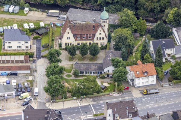 Aerial view, community centre Westerbauer with turret and kindergarten tree house in the district Haspe-West in Hagen, Ruhr area, North Rhine-Westphalia, Germany, DE, Europe, Hagen, kindergarten, day-care centre, day-care centre, aerial view, aerial photography, aerial photography, overview, bird's-eye view, overview