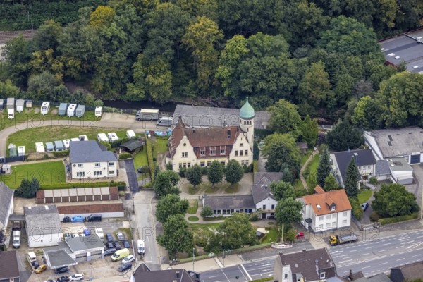 Aerial view, community centre Westerbauer with turret and kindergarten tree house in the district Haspe-West in Hagen, Ruhr area, North Rhine-Westphalia, Germany, DE, Europe, Hagen, kindergarten, day-care centre, day-care centre, aerial view, aerial photography, aerial photography, overview, bird's-eye view, overview