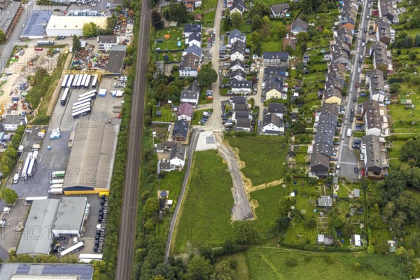 Aerial view, housing estate Hermann-Sudermann-Straße and Agnes-Miegel-Straße in the district Haspe-West in Hagen, Ruhr area, North Rhine-Westphalia, Germany, DE, Europe, property tax, Hagen, real estate, aerial view, aerial photography, aerial photography, overview, bird's-eye view, housing estate, housing and living, residential area, residential buildings, quality of living, residential neighbourhood, housing estate, birds-eyes view, overview