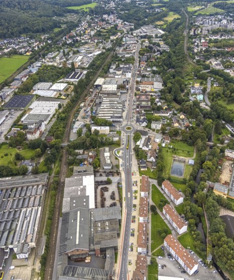 Aerial view, shopping centre and commercial area Enneper Straße and Hagener Straße in the district Haspe-West in Hagen, Ruhr area, North Rhine-Westphalia, Germany, place of worship, DE, shopping centre, shopping markets, shopping mall, Europe, commercial enterprises, commercial area, commercial park, commercial location, commercial use, religious community, place of worship, Hagen, holy site, industrial area, industrial site, church, church community, denomination, aerial view, aerial photography, aerial photography, local supply centre, religion, religious site, overview, bird's-eye view, birds-eyes view, overview