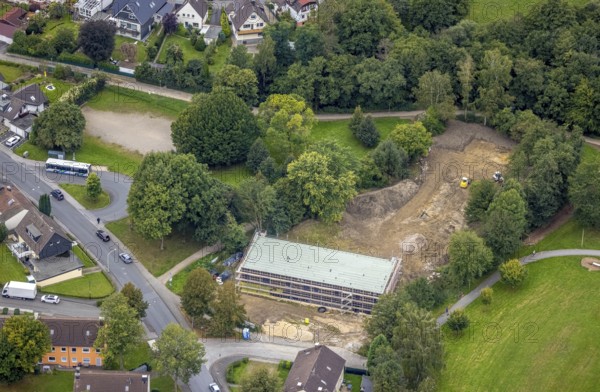 Aerial view, construction site and new building at Quambusch for day care centre Jungfernbruch 96 in the district Haspe-West in Hagen, Ruhr area, North Rhine-Westphalia, Germany, construction work, construction area, building site, building plots, construction project, construction site, DE, Europe, Hagen, kindergarten, day care centre, day care centre, aerial view, aerial photography, aerial photography, new building, overview, bird's-eye view, overview
