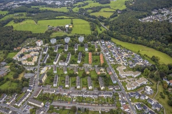 Aerial view, residential estate with nursing home Harkorten in the district Haspe-West in Hagen, Ruhr area, North Rhine-Westphalia, Germany, retirement home, old people's home, care and nursing, DE, Europe, property tax, Hagen, Harkortstraße, real estate, aerial view, aerial photography, aerial photography, care facility, retirement home, retirement residence, retirement home, retirement centre, overview, bird's-eye view, residential complex, living and living, residential area, residential buildings, residential quality, residential quarter, housing estate, birds-eyes view, overview