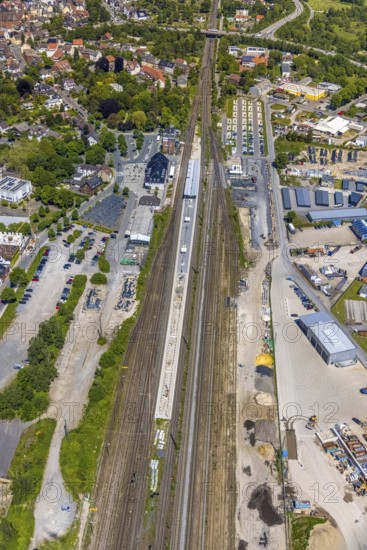 Aerial view, Haltern am See station, construction site and conversion, Haltern town, Haltern am See, Ruhr area, North Rhine-Westphalia, Germany, railway tracks, station, station forecourt, platform, construction work, construction area, building site, building plots, construction measure, construction project, construction site, DE, Deutsche Bahn AG, Europe, railway tracks, main station, main station, aerial view, aerial photography, aerial photography, overview, bird's-eye view, overview