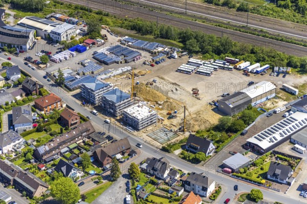 Aerial view, construction site at Annabergstraße for new construction of flats, former company site Klostermann, Haltern-Stadt, Haltern am See, Ruhr area, North Rhine-Westphalia, Germany, Annabergstraße, railway tracks, construction work, construction, construction area, building site, building plots, construction measure, construction project, construction site, buses, DE, Europe, aerial view, aerial photography, aerial photography, new construction, overview, bird's eye view, overview