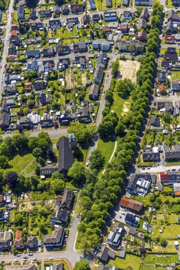 Aerial view, park with playground and football pitch at the Römerstraße, catholic parish church St. Laurentius, Haltern-Stadt, Haltern am See, Ruhr area, North Rhine-Westphalia, Germany, DE, Europe, aerial view, aerial photography, aerial photography, overview, bird's eye view, birds-eyes view, overview
