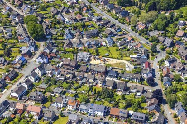 Aerial view, construction site and new building Auf der Heide / Akazienweg, Haltern-Stadt, Haltern am See, Ruhr area, North Rhine-Westphalia, Germany, construction work, construction area, building site, building plots, construction project, construction site, DE, Europe, aerial view, aerial photography, aerial photography, new building, overview, bird's-eye view, overview