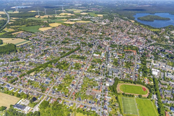 Aerial view, Old town with catholic St.Sixtus-Kirche, Altstadring, Haltern am See town hall, Conzeallee sports complex, view of Haltern reservoir, Haltern town, Haltern am See, Ruhr area, North Rhine-Westphalia, Germany, old town, old town view, old town area, old town ring, place of worship, authority, DE, Europe, football pitch, football stadium, religious community, place of worship, sacred site, church, parish, denomination, roundabout, roundabout, aerial view, aerial photography, aerial photography, town hall, religion, religious site, lake, vertical shot, sports facilities, sports field, sports facility, reservoir, overview, bird's-eye view, birds-eyes view, historic city centre, overview