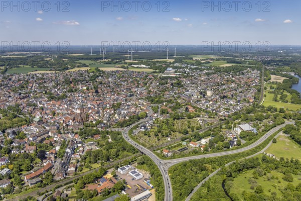 Aerial view, Old town with catholic St.Sixtus-Kirche, Altstadring, Haltern-Stadt, Haltern am See, Ruhr area, North Rhine-Westphalia, Germany, Old Town, Old Town view, Old Town area, Old Town ring road, Place of worship, DE, Europe, Religious community, Place of worship, Holy site, Church, Parish, Denomination, roundabout, roundabout, aerial view, aerial photography, aerial photography, religion, religious site, vertical view, overview, bird's-eye view, WEA, wind energy, wind energy plant, wind power, wind turbine, wind turbines, birds-eyes view, historic city centre, overview