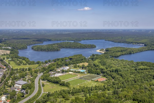 Aerial view, Haltern reservoir, Hullerner Straße, sports ground TuS Haltern am See, leisure pool watercolour, Haltern town, Haltern am See, Ruhr area, North Rhine-Westphalia, Germany, bathing establishment, bathing resort, DE, Europe, outdoor pool, leisure activities, football pitch, aerial view, aerial photography, aerial photography, swimming pool, swimming pool, lake, sports facilities, sports ground, sports facility, reservoir, overview, bird's-eye view, overview