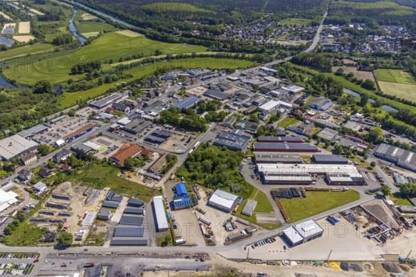 Aerial view, industrial estate south Recklinghäuser Straße, river Lippe with Lippebogen, canal bridge, Haltern-Stadt, Haltern am See, Ruhr area, North Rhine-Westphalia, Germany, bridge, bridge Recklinghäuser Straße, DE, Europe, commercial enterprises, commercial area, industrial estate, industrial park, commercial location, commercial use, industrial area, industrial building, industrial location, aerial view, aerial photography, aerial photography, overview, bird's-eye view, WEA, forest area, wind energy, wind energy plant, wind power, wind power plant, wind turbines, birds-eyes view, overview
