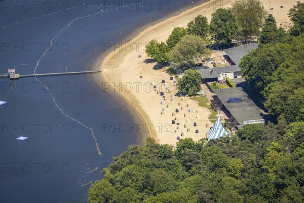 Aerial view, preparation for the bathing season, Haltern reservoir, Haltern south beach with sandy beach, covered beach chairs, Haltern town, Haltern am See, Ruhr area, North Rhine-Westphalia, Germany, DE, Europe, Gelsenwasser AG, aerial view, aerial photography, aerial photography, lake, reservoir, overview, bird's-eye view, Gelsenwasser AG waterworks, birds-eyes view, overview