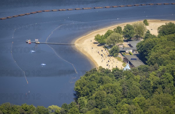 Aerial view, preparation for the bathing season, Haltern reservoir, Haltern south beach with sandy beach, covered beach chairs, Haltern town, Haltern am See, Ruhr area, North Rhine-Westphalia, Germany, DE, Europe, Gelsenwasser AG, aerial view, aerial photography, aerial photography, lake, reservoir, overview, bird's-eye view, Gelsenwasser AG waterworks, birds-eyes view, overview