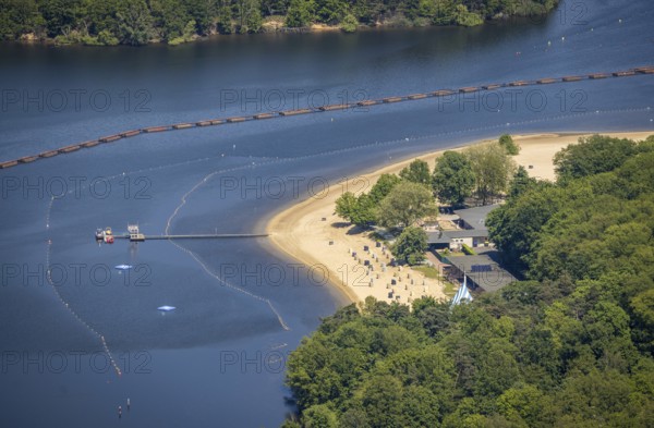 Aerial view, preparation for the bathing season, Haltern reservoir, Haltern south beach with sandy beach, covered beach chairs, Haltern town, Haltern am See, Ruhr area, North Rhine-Westphalia, Germany, DE, Europe, Gelsenwasser AG, aerial view, aerial photography, aerial photography, lake, reservoir, overview, bird's-eye view, Gelsenwasser AG waterworks, birds-eyes view, overview