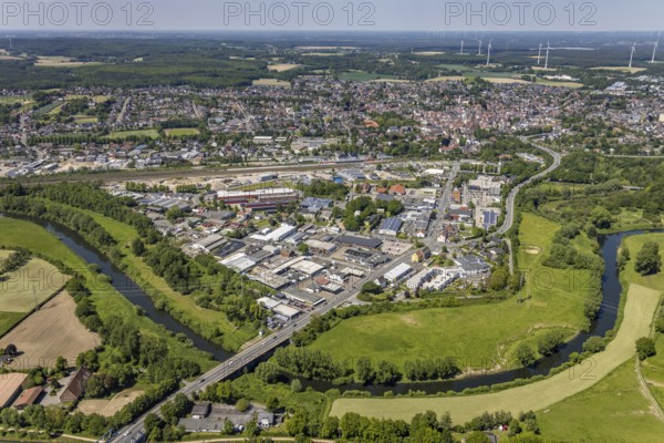Aerial view, industrial estate south Recklinghäuser Straße, river Lippe with Lippebogen, canal bridge, Haltern-Stadt, Haltern am See, Ruhr area, North Rhine-Westphalia, Germany, bridge, bridge Recklinghäuser Straße, DE, Europe, commercial enterprises, commercial area, industrial estate, industrial park, commercial location, commercial use, industrial area, industrial building, industrial location, aerial view, aerial photography, aerial photography, overview, bird's-eye view, WEA, forest area, wind energy, wind energy plant, wind power, wind power plant, wind turbines, birds-eyes view, overview