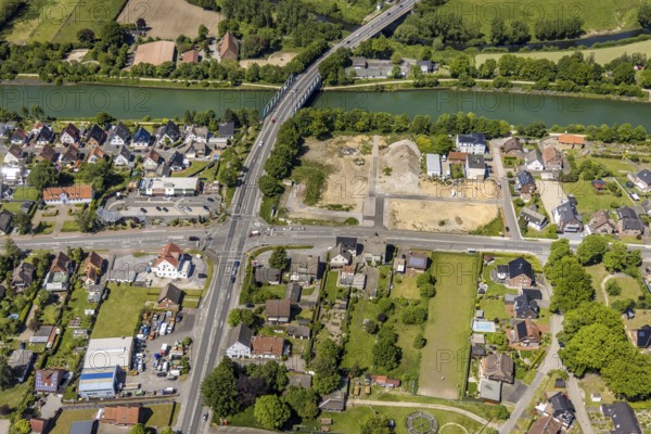 Aerial view, construction site at Flaesheimer Straße / Kapellenstraße next to the canal bridge, Wesel-Datteln-Kanal, Bossendorf, Haltern am See, Ruhr area, North Rhine-Westphalia, Germany, construction work, construction area, building site, building plots, construction project, construction site, bridge, DE, Europe, aerial view, aerial photography, aerial photography, new building, Recklinghäuser Straße, overview, bird's-eye view, birds-eyes view, overview