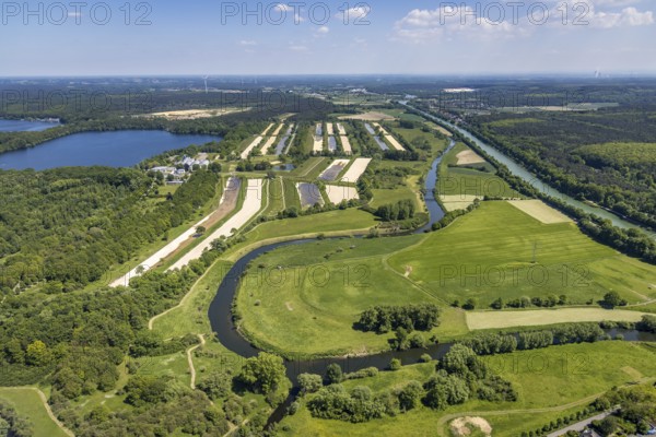 Aerial view, Gelsenwasser AG waterworks Haltern, filter basin, Haltern reservoir south basin, river Lippe and Wesel-Datteln canal, Bossendorf, Haltern am See, Ruhr area, North Rhine-Westphalia, Germany, DE, Europe, Gelsenwasser AG, Lippe floodplain, aerial view, aerial photography, aerial photography, lake, reservoir, overview, bird's-eye view, forest area, waterworks Gelsenwasser AG, birds-eyes view, overview