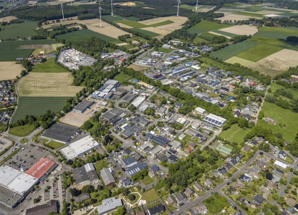Aerial view, commercial area Münsterknapp, Uphusen, Haltern am See, Ruhr area, North Rhine-Westphalia, Germany, DE, Europe, commercial enterprises, commercial area, commercial area, commercial location, commercial use, industrial area, industrial location, aerial view, aerial photography, aerial photography, Münsterstraße, overview, bird's eye view, birds-eyes view, overview
