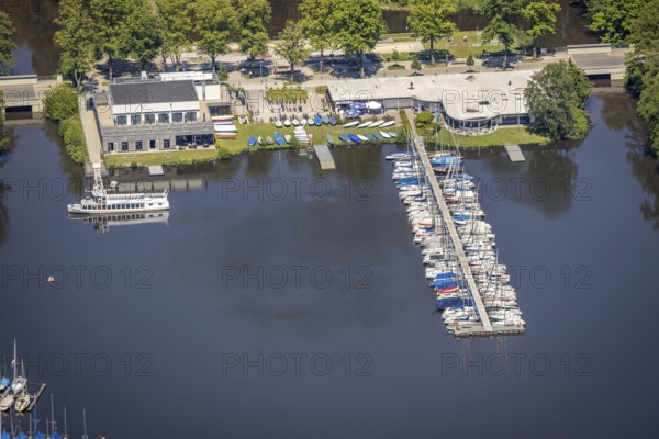 Aerial view, Halterner Stausee Mühlenbach, Strandallee, boat landing stage, restaurant Seeblick and cabin, Haltern-Stadt, Haltern am See, Ruhr area, North Rhine-Westphalia, Germany