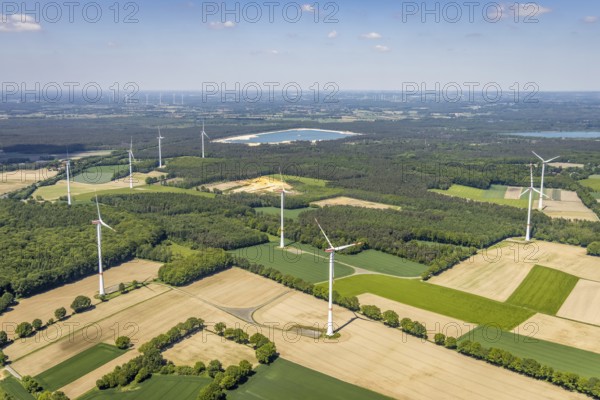 Aerial view, forest area and wind farm Lavesumer Straße in Uphusen, Haltern am See, Ruhr area, North Rhine-Westphalia, Germany, DE, Europe, aerial view, aerial photography, aerial photography, overview, bird's-eye view, WEA, wind energy, wind turbine, wind power, wind turbine, wind turbines, birds-eyes view, overview