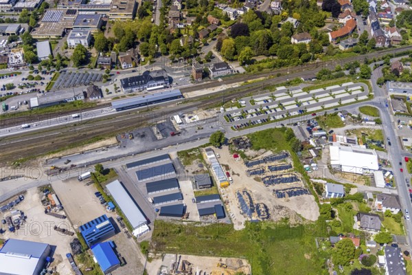 Aerial view, Haltern am See station, ParkAndRide, car park, construction site and conversion, Haltern-Stadt, Haltern am See, Ruhr area, North Rhine-Westphalia, Germany, railway tracks, station, station forecourt, platform, construction work, construction area, building site, building plots, construction measure, construction project, construction site, DE, Deutsche Bahn AG, Europe, track systems, main station, main station, aerial view, aerial photography, aerial photography, overview, bird's-eye view, overview