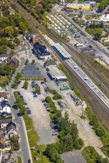 Aerial view, Haltern am See station, construction site and conversion, Haltern town, Haltern am See, Ruhr area, North Rhine-Westphalia, Germany, railway tracks, station, station forecourt, platform, construction work, construction area, building site, building plots, construction measure, construction project, construction site, DE, Deutsche Bahn AG, Europe, railway tracks, main station, main station, aerial view, aerial photography, aerial photography, overview, bird's-eye view, overview