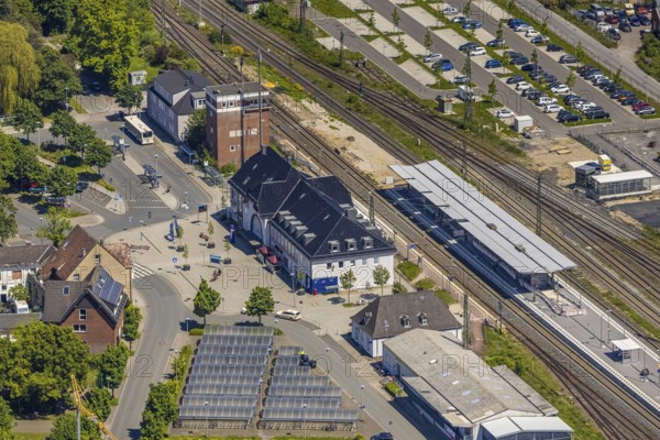 Aerial view, Haltern am See station, construction site and conversion, Haltern town, Haltern am See, Ruhr area, North Rhine-Westphalia, Germany, railway tracks, station, station forecourt, platform, construction work, construction area, building site, building plots, construction measure, construction project, construction site, DE, Deutsche Bahn AG, Europe, railway tracks, main station, main station, aerial view, aerial photography, aerial photography, overview, bird's-eye view, overview