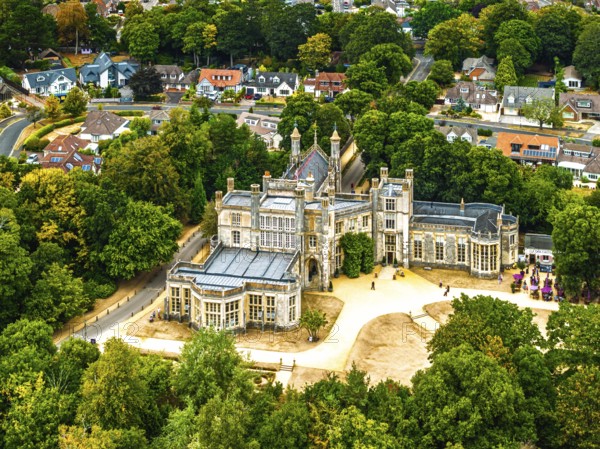 Highcliffe Castle from drone, Highcliffe, Dorset, England, United Kingdom