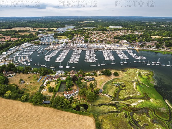 River Hamble and Swanwick Marina from drone, Swanwick, Southampton, Hampshire, England, United Kingdom