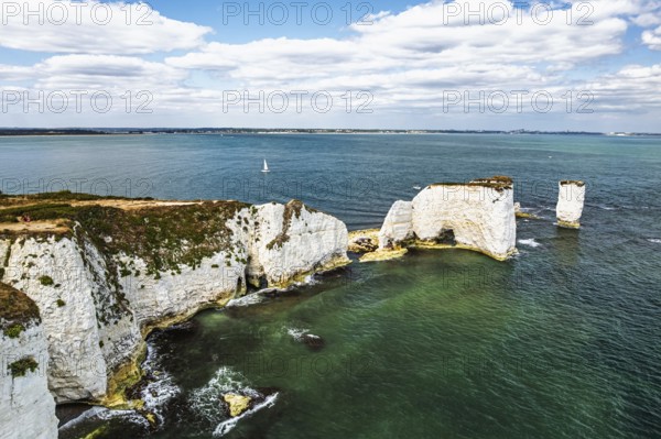 White Cliffs of Old Harry Rocks Jurassic Coast from a drone, Handfast Point, Dorset Coast, Poole, Dorset, England, United Kingdom