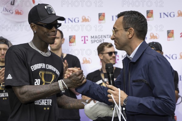 After winning the European Basketball Championship on 14 September 2025 in Riga Latvia with an 88:83 victory over Turkey, the winners of the German national basketball team will be welcomed in Frankfurt am Main on 15 September 2025. The most valuable player of the tournament was the German national player Dennis Schröder. With the 9th victory in the 9th game, the DBB team won its first ever European Championship title, around 2 years after winning the World Championship, Frankfurt am Main, Hesse, Germany