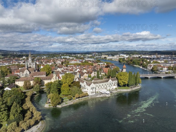 Aerial view of Lake Constance with the Seerhein, also Rhine funnel and the old town of Constance with the Steigenberger Inselhotel, former Dominican monastery, on the left the island canal, on the right the old Rhine bridge, where the Rhine officially begins at kilometre zero, district of Constance, Baden-Württemberg, Germany