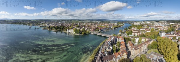 Aerial view, panorama of Lake Constance and the Seerhein also Rhine funnel with the city of Constance and the old Rhine bridge, where the Rhine officially begins at kilometre zero, on the right the district of Petershausen, district of Constance, Baden-Württemberg, Germany