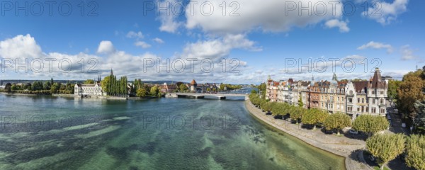Aerial view, panorama of Lake Constance and the Seerhein including the Rhine funnel with the city of Constance and the old Rhine bridge, where the Rhine officially begins at kilometre zero, on the right the district of Petershausen with the historic town houses in Art Nouveau style on Seestraße, district of Constance, Baden-Württemberg, Germany