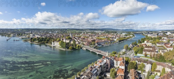 Aerial view, panorama of Lake Constance and the Seerhein also Rhine funnel with the city of Constance and the old Rhine bridge, where the Rhine officially begins at kilometre zero, on the right the district of Petershausen, district of Constance, Baden-Württemberg, Germany