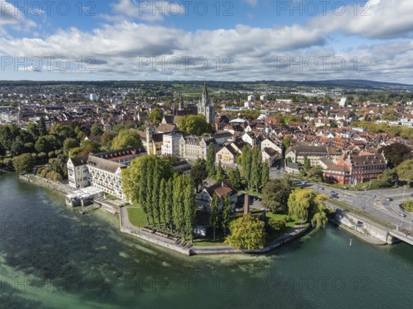 Aerial view of Lake Constance with the Seerhein, also Rhine funnel and the old town of Constance, on the left the Steigenberger Inselhotel, former Dominican monastery, behind it the historic old town with the Constance Minster, district of Constance, Baden-Württemberg Germany